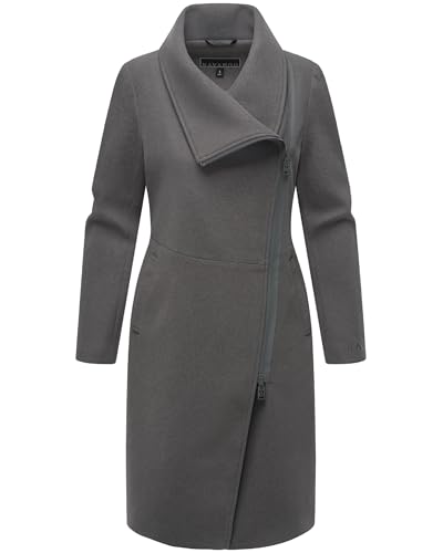 Navahoo Damen lange Übergangsjacke Mantel in Woll-Optik mit asymmetrischem Kragen und wasserdichtem Reißverschluss Samtrose 14 Anthracite Gr. XXL von Navahoo