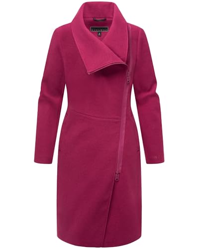 Navahoo Damen lange Übergangsjacke Mantel in Woll-Optik mit asymmetrischem Kragen und wasserdichtem Reißverschluss Samtrose 14 Berry Wine Gr. XL von Navahoo