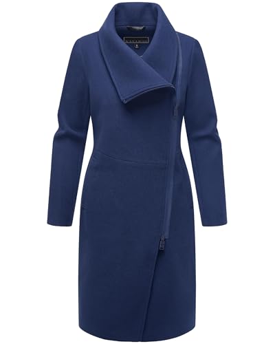 Navahoo Damen lange Übergangsjacke Mantel in Woll-Optik mit asymmetrischem Kragen und wasserdichtem Reißverschluss Samtrose 14 Navy Gr. L von Navahoo