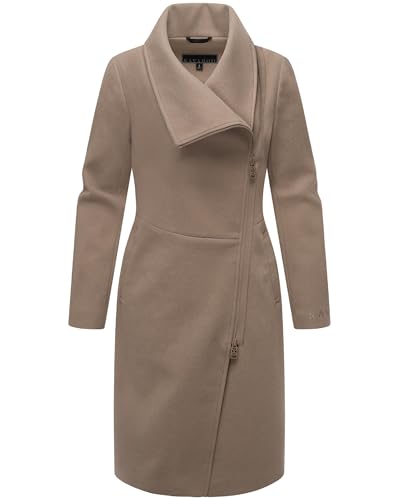 Navahoo Damen lange Übergangsjacke Mantel in Woll-Optik mit asymmetrischem Kragen und wasserdichtem Reißverschluss Samtrose 14 Taupe Grey Gr. L von Navahoo