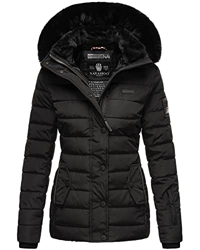 Navahoo Damen warme Winter Steppjacke mit Abnehmbarer Kunstfell-Kapuze Milianaa Black Gr. L von Navahoo