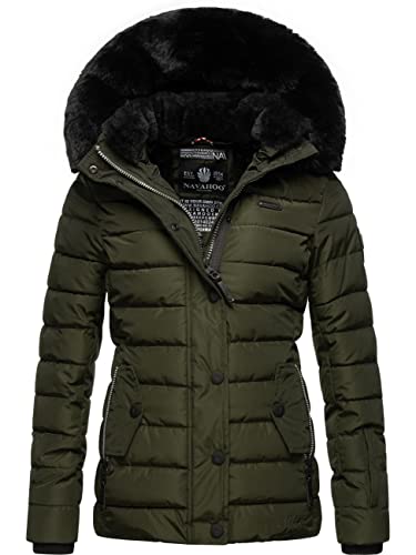 Navahoo Damen warme Winter Steppjacke mit Abnehmbarer Kunstfell-Kapuze Milianaa Olive Gr. M von Navahoo