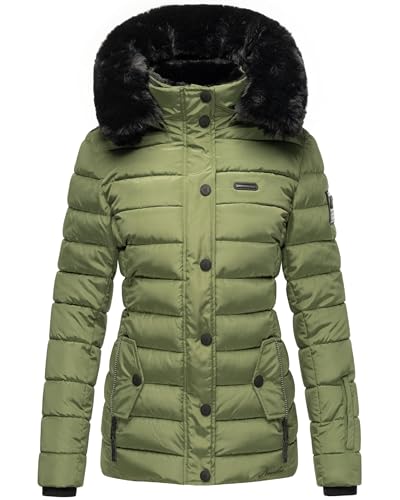 Navahoo Damen warme Winter Steppjacke mit Abnehmbarer Kunstfell-Kapuze Milianaa Pine Olive Gr. S von Navahoo
