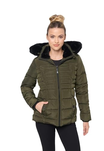 Navahoo Winterjacke Damen - Wasserabweisend, Warm, Kapuze abnehmbar, Winddicht - Steppjacke Damen Frauen, Teddyfell gefüttert - Stehkragen, 5 Taschen, verlängerter Zipper - Olive L von Navahoo