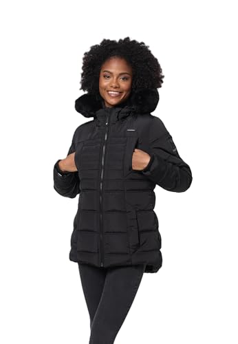 Navahoo Winterjacke Damen - Wasserabweisend, Warm, Kapuze abnehmbar, Winddicht - Steppjacke Damen Frauen, Teddyfell gefüttert - Stehkragen, 5 Taschen, verlängerter Zipper - Schwarz S von Navahoo