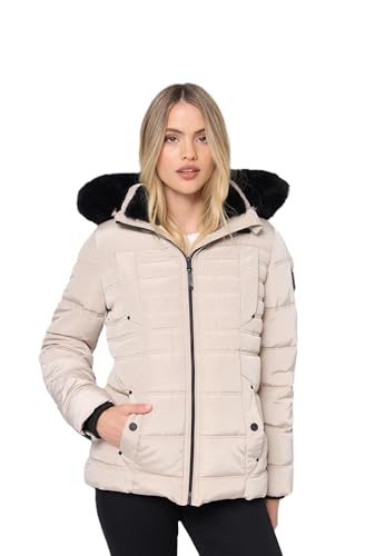 Navahoo Winterjacke Damen - Wasserabweisend, Warm, Kapuze abnehmbar, Winddicht - Steppjacke Damen Frauen, Teddyfell gefüttert - Stehkragen, 5 Taschen, verlängerter Zipper - Taupe M von Navahoo