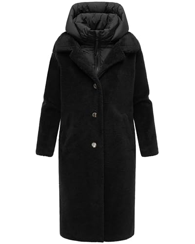 Navahoo Damen warmer Plüschmantel aus Teddyfleece mit abnehmbarem, gestepptem Krageneinsatz Teddyzauber 14 Black Gr. L von Navahoo