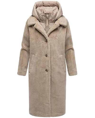 Navahoo Damen warmer Plüschmantel aus Teddyfleece mit abnehmbarem, gestepptem Krageneinsatz Teddyzauber 14 Light Taupe Gr. S von Navahoo