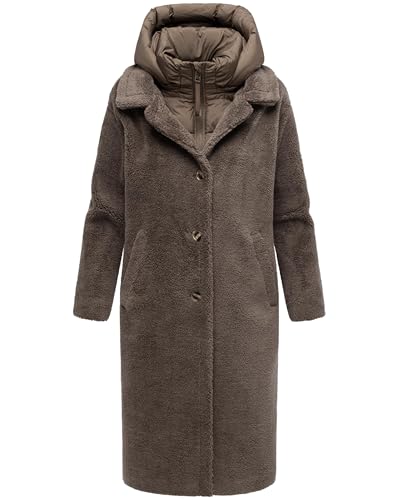 Navahoo Damen warmer Plüschmantel aus Teddyfleece mit abnehmbarem, gestepptem Krageneinsatz Teddyzauber 14 Stone Brown Gr. L von Navahoo