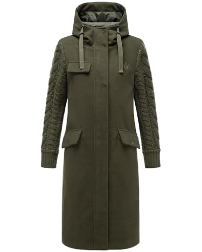 Navahoo Damen warmer Trenchcoat in Woll-Optik mit Strick-Ärmeln und Kapuze Knit Babe 14 Dark Olive Gr. XL von Navahoo