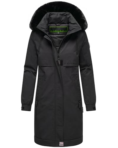Navahoo Damen Mantel Lange warme Winterjacke mit Kunstfell und Kapuze (beides abnehmbar) Kaltwetterretter 14 Black Gr. M von Navahoo