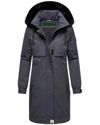 Navahoo Damen Mantel Lange warme Winterjacke mit Kunstfell und Kapuze (beides abnehmbar) Kaltwetterretter 14 Navy Gr. S von Navahoo