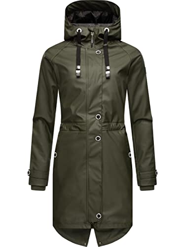 Navahoo Damen Übergangsjacke Regenmantel wasserdicht lang warm gefüttert mit Kapuze Rainy Flower Dark Olive Gr. 3XL von Navahoo