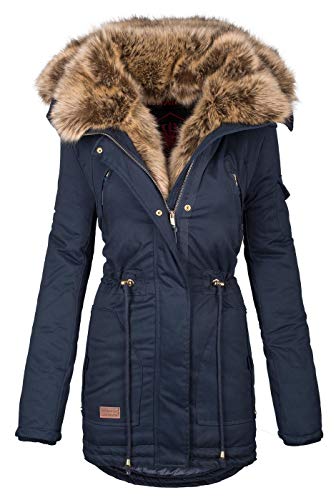 Navahoo warme Damen Winter Jacke Parka lang Mantel Winterjacke Fell Kragen B380 [B380-Daria-Navy-Gr.XS] von Navahoo