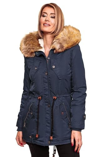 Navahoo warme Damen Winter Jacke Teddyfell Winterjacke Parka Mantel B399 [B399-LaViva-Navy-Gr.S] von Navahoo