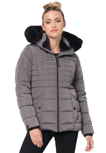 Navahoo Winterjacke Damen - Wasserabweisend, Warm, Kapuze abnehmbar, Winddicht - Steppjacke Damen Frauen, Teddyfell gefüttert - Stehkragen, 5 Taschen, verlängerter Zipper - Grau XS von Navahoo