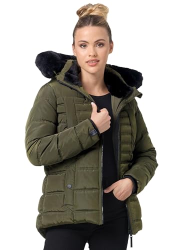 Navahoo Winterjacke Damen - Wasserabweisend, Warm, Kapuze abnehmbar, Winddicht - Steppjacke Damen Frauen, Teddyfell gefüttert - Stehkragen, 5 Taschen, verlängerter Zipper - Olive XS von Navahoo