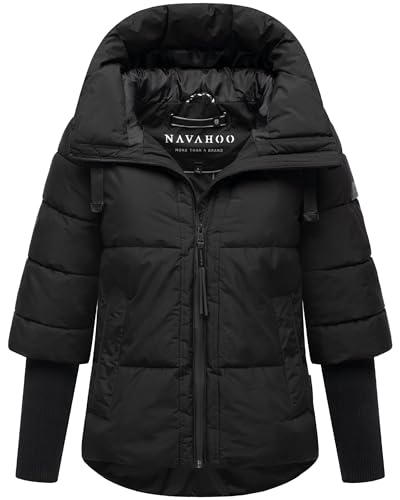 Navahoo moderne Damen Winterjacke warme Steppjacke mit Kapuze und Rippstrickärmeln Lotusherz XIV Black Gr. L von Navahoo