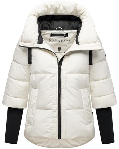 Navahoo moderne Damen Winterjacke warme Steppjacke mit Kapuze und Rippstrickärmeln Lotusherz XIV Offwhite Gr. S von Navahoo
