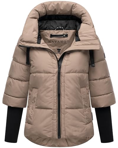 Navahoo moderne Damen Winterjacke warme Steppjacke mit Kapuze und Rippstrickärmeln Lotusherz XIV Taupe Grey Gr. L von Navahoo