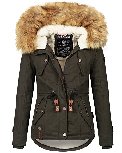 Navahoo warme Damen Designer Winter Jacke Winterjacke mit Kapuze und Teddyfell B643 (L, Anthrazit) von Navahoo