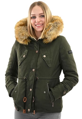 Navahoo Damen Winterjacke (XS-XXL) - 100% Baumwolle Obermaterial, Teddy Fleece innen, Kunstfell abnehmbar, Warme Jacke Frauen B643 (M, Grün) von Navahoo