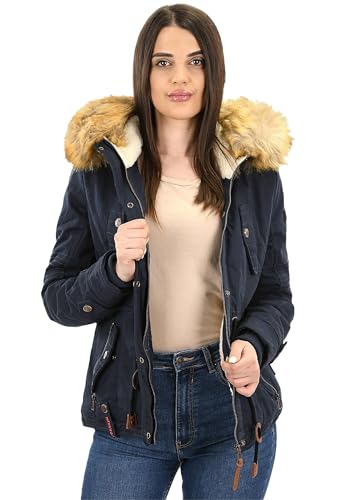 Navahoo Damen Winterjacke (XS-XXL) - 100% Baumwolle Obermaterial, Teddy Fleece innen, Kunstfell abnehmbar, Warme Jacke Frauen B643 (L, Navy) von Navahoo