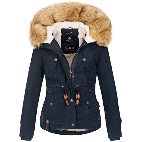 Navahoo warme Damen Designer Winter Jacke Winterjacke mit Kapuze und Teddyfell B643 [B643-Pearl-Navy-Gr.S] von Navahoo