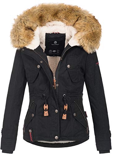 Navahoo warme Damen Designer Winter Jacke Winterjacke mit Kapuze und Teddyfell B643 [B643-Pearl-Schwarz-Gr.L] von Navahoo