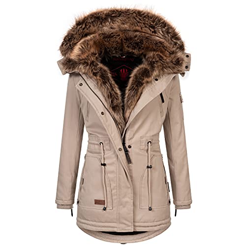 Navahoo warme Damen Winter Jacke Parka lang Mantel Winterjacke Fell Kragen B380 [B380-Daria-Beige-Gr.S] von Navahoo