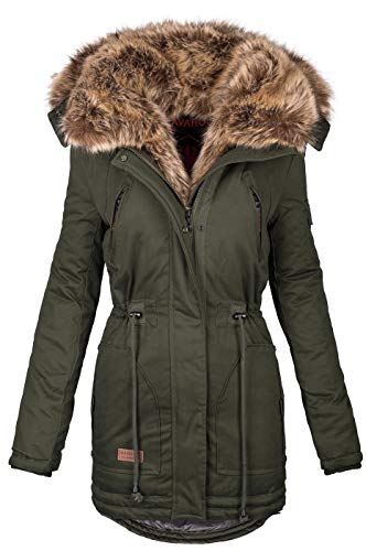 Navahoo warme Damen Winter Jacke Parka lang Mantel Winterjacke Fell Kragen B380 [B380-Daria-Grün-Gr.M] von Navahoo