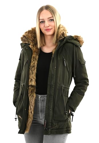 Navahoo warme Damen Winter Jacke Parka lang Mantel Winterjacke Fell Kragen B380 [B380-Daria-Grün-Gr.S] von Navahoo