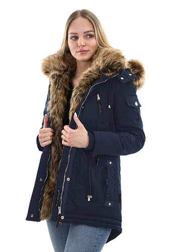 Navahoo warme Damen Winter Jacke Parka lang Mantel Winterjacke Fell Kragen B380 [B380-Daria-Navy-Gr.M] von Navahoo