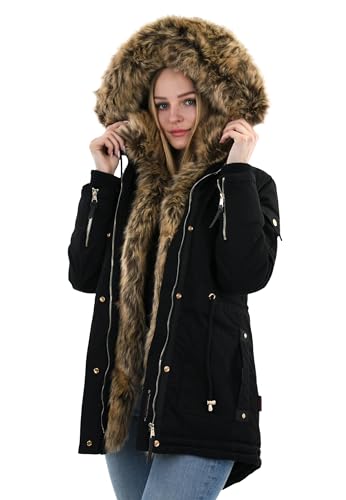 Navahoo warme Damen Winter Jacke Parka lang Mantel Winterjacke Fell Kragen B380 [B380-Daria-Schwarz-Gr.XS] von Navahoo