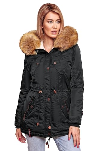 Navahoo warme Damen Winter Jacke Teddyfell Winterjacke Parka Mantel B399 [B399-LaViva-Schwarz-Gr.L] von Navahoo