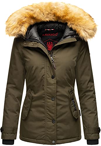 Navahoo warme Damen Winter Jacke Winterjacke Parka Mantel Kunstfell B392 [B392-Laura2-Olive-Gr.M] von Navahoo