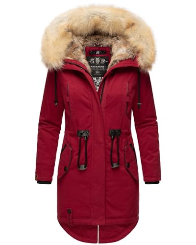 Navahoo warme Damen Winter Jacke lang Kunstfell Winterjacke Parka Mantel B660 [B660-Bomb-Blood-Red-Gr.S] von Navahoo