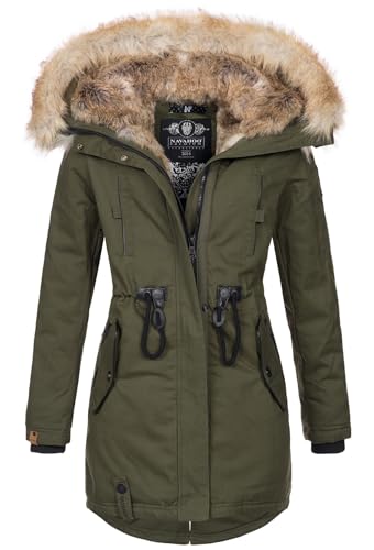 Navahoo warme Damen Winter Jacke lang Kunstfell Winterjacke Parka Mantel B660 [B660-Bomb-Olive-Gr.L] von Navahoo