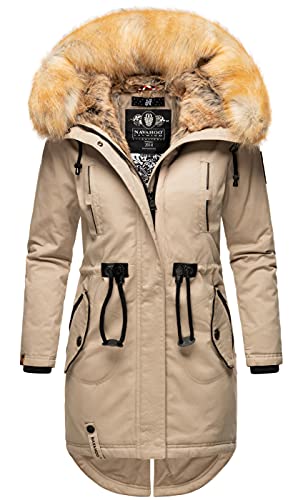 Navahoo warme Damen Winter Jacke lang Kunstfell Winterjacke Parka Mantel B660 [B660-Bomb-Taupe-Gr.S] von Navahoo