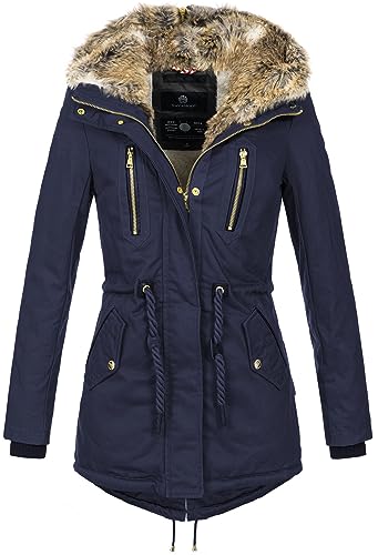 Navahoo warme Damen Winter Jacke lang Teddyfell Winterjacke Parka Mantel B648a [B648a-Diamond-Navy-Gr.M] von Navahoo