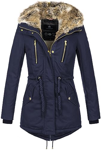 Navahoo warme Damen Winter Jacke lang Teddyfell Winterjacke Parka Mantel B648a [B648a-Diamond-Navy-Gr.XL] von Navahoo