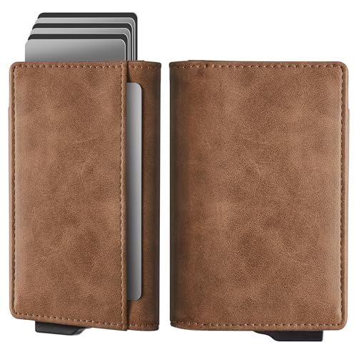 Navaris Pop-up Kartenhalter Geldbörse mit Innenfächern - Karten Geldbeutel für Damen und Herren - Kartenschieber Portemonnaie - Geldbeutel Kartenetui - Slim Wallet - Braun von Navaris