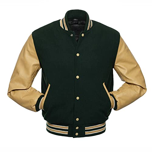 Naveed Bomber College Jacke II Letterman Varsity Amerikanisch Uni Design goldene Rindslederärmel & grüne Wolle Retro (M) von Naveed