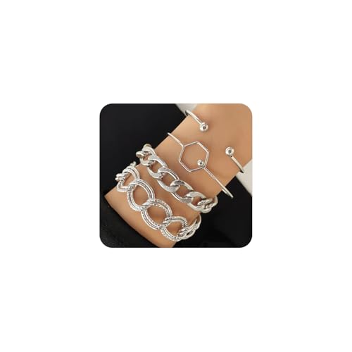 Chunky Gold Cuban Link Chain Bracelets Set for Women Layered Wide Hollow Geometric Cuff Bracelets Double Thick Link Armangles Jewelry Accessories, Large, Metall, Kein edelstein von Navirix