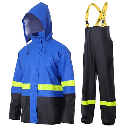Navis Marine Herren Regenanzug Arbeitskleidung-Wasserdichte Jacke&Lätzchen Set für Ultimative Sicherheit und Komfort(blau reflektierend,Large) von Navis Marine
