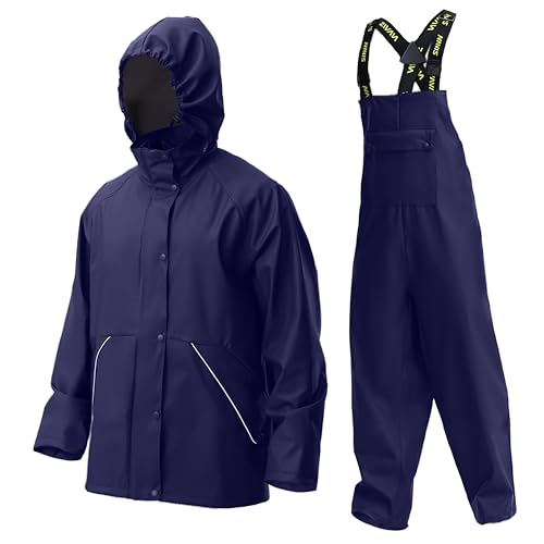 Navis Marine Herren Regenanzug Wasserdicht – Robust PU-Material mit Kapuze & Latzhose, Heavy-Duty Schutz für Arbeit, Bau, Angeln & Outdoor(Dark Blue,XXL) von Navis Marine