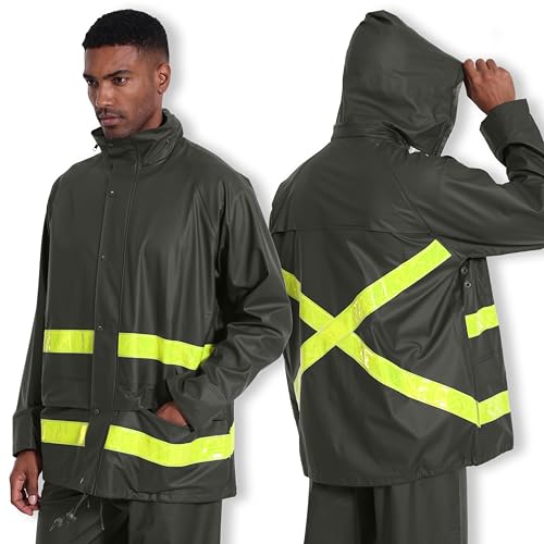 Navis Marine Regenjacke Herren Wasserdicht PU Mit Abnehmbarer Kapuze & Reflektierenden Streifen, Robuste Outdoor Arbeitsjacke(Green,M) von Navis Marine