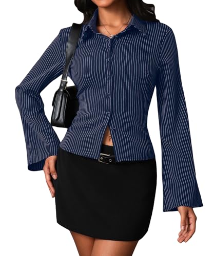 Navneet Bluse Damen Langarm Hemd Gestreift Elegant Hemdbluse Etui Sexy Blusenshirt Langarmshirt Casual Outftit Blau S von Navneet
