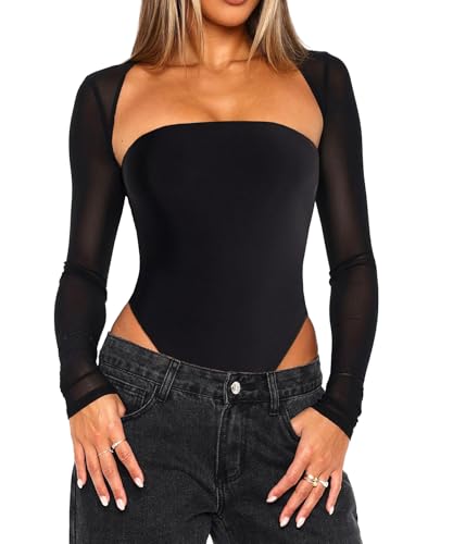 Navneet Bolero Damen Spitzen Oberteile Mesh Boleros Jacke Langarm Durchsichtig Crop Tops Y2K Festlich Sommer Herbst Schwarz M von Navneet