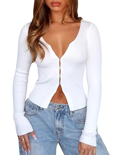 Navneet Cardigan Damen V Ausschnitt Langarmshirt Leicht Strickjacke Kurz Gerippt Top mit Schlitz Herbst Y2K Weiß S von Navneet